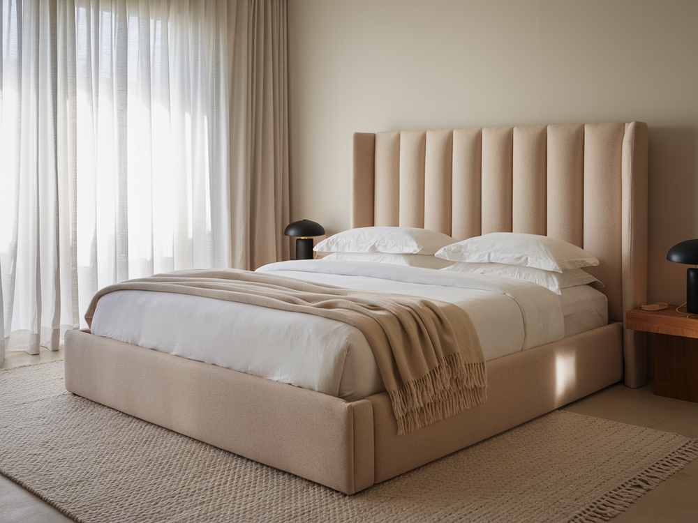 Luxury guest bedroom featuring a beige upholstered bed, layered white bedding, and elegant nightstands. Soft light filters through sheer curtains, evoking a hotel-inspired ambiance.