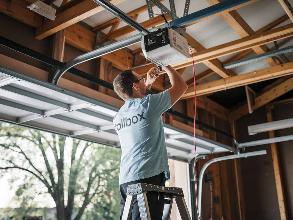 Person on ladder installing garage door opener in a garage with wooden beams, taking care to maintain safety.