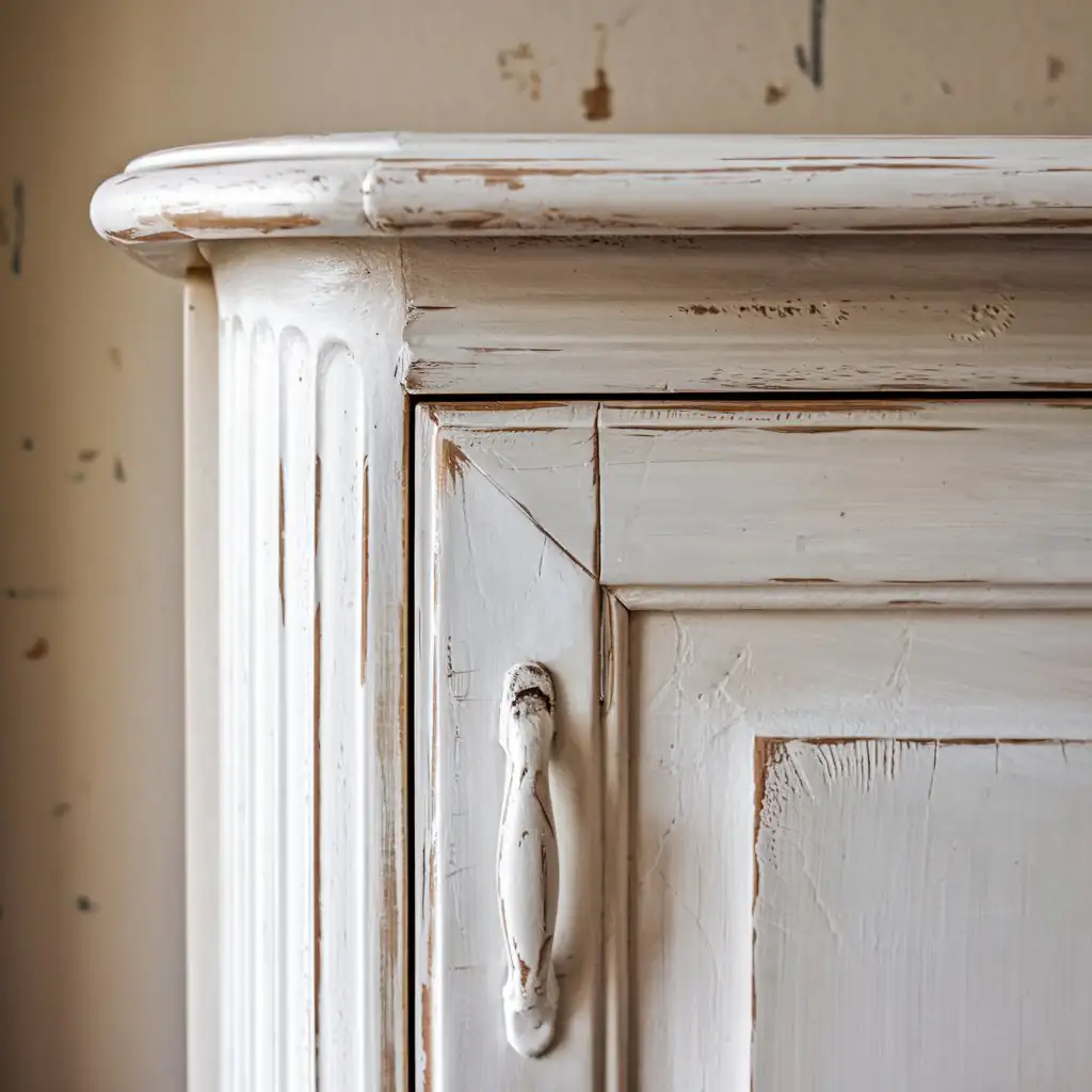 Close-up of a white distressed wooden cabinet corner with rustic elements, featuring a textured finish and curved edges, perfect for modern farmhouse kitchens.