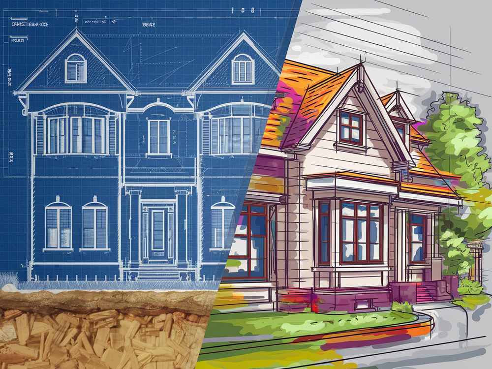 Blueprint and colorful sketch of a two-story house with trees in the background, capturing the difference from traditional bank loans through its unique design.
