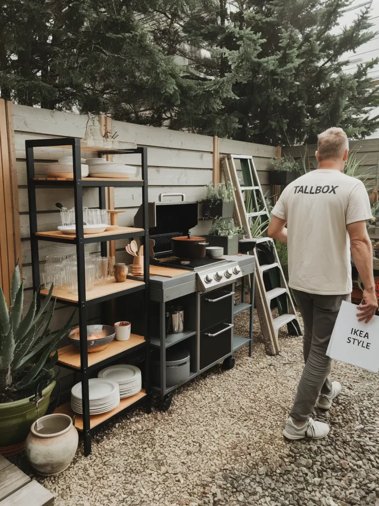 Man in a "TALLBOX" shirt stands near outdoor kitchen shelves and grill, IKEA-style book in hand, envisioning the perfect garden setting to design and build his dream space.