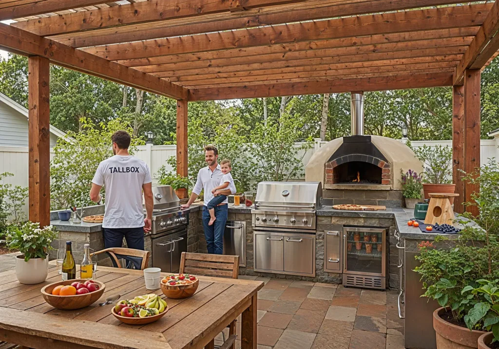 Two men with a child enjoy an expertly designed outdoor kitchen featuring a wooden pergola, grill, pizza oven, and table adorned with fruits.