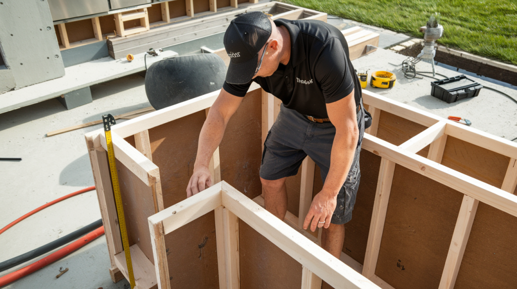 A person skillfully assembling a wooden structure outdoors, wearing a black cap and shirt. With tools and grass in the background, they appear to be crafting an outdoor kitchen, blending design with functionality.