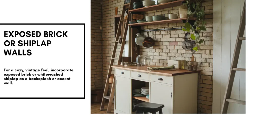 Exposed brick walls add a touch of rustic elements, while shelves brimming with dishes evoke the charm of modern farmhouse kitchens. A handy ladder seamlessly combines practicality with style in this inviting space.
