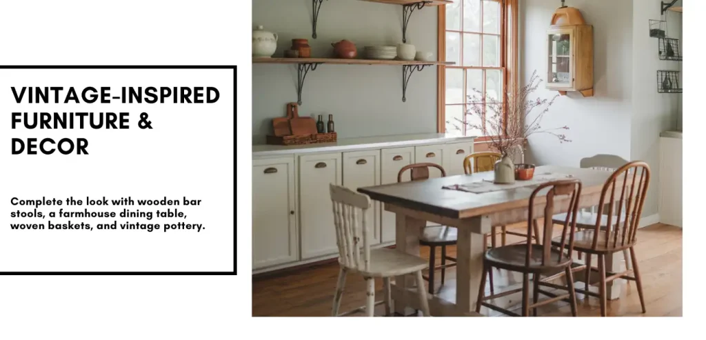Cozy dining room featuring rustic elements with wooden furniture and vintage decor, crowned by a farmhouse table near a large window.