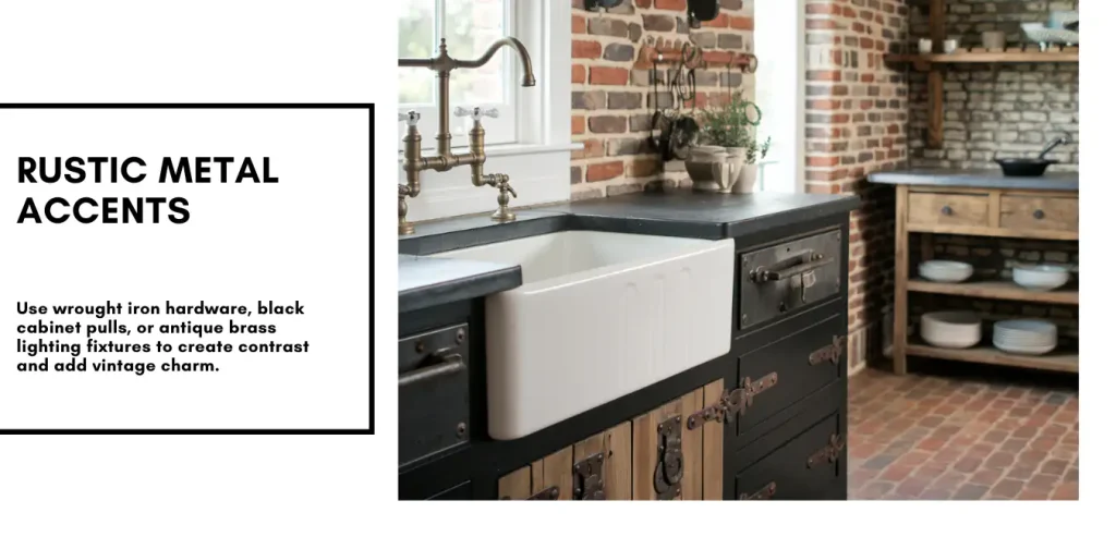 A modern farmhouse kitchen seamlessly combines rustic elements, featuring a farmhouse sink, brick walls, and dark cabinets adorned with wrought iron hardware.
