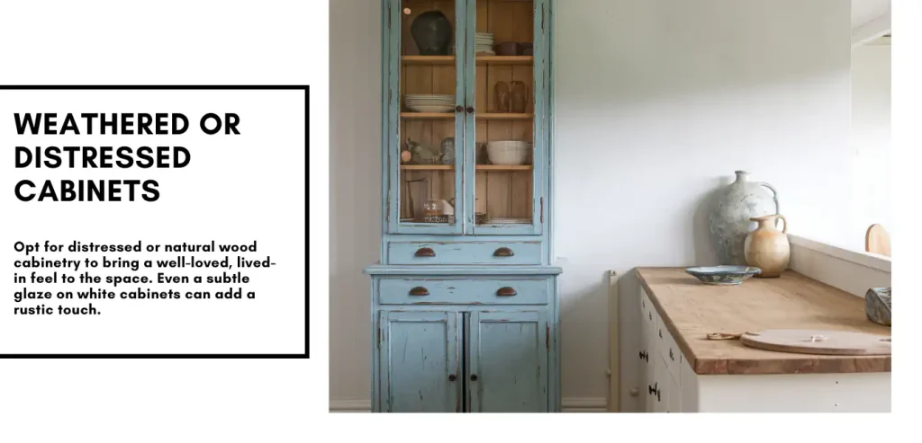 A blue distressed cabinet stands beside a countertop adorned with pottery and a bowl, embodying the charm of rustic elements in a cozy setting. Text on the left describes how to combine these details for an inviting modern farmhouse kitchen aesthetic.