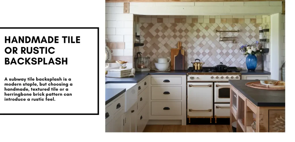 Rustic kitchen with patterned backsplash, white cabinets, and vintage stove. Discover how rustic elements seamlessly blend into modern farmhouse kitchens, elevating your kitchen design with a handmade tile or rustic backsplash for timeless charm.