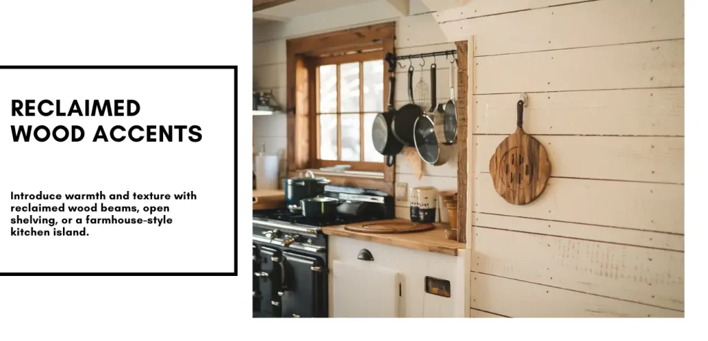 Cozy kitchen with reclaimed wood walls, pots hanging, and a cutting board on the wall. A perfect blend of modern farmhouse style combined with rustic elements, highlighting charming wood accents throughout.
