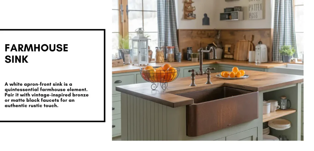 A modern farmhouse kitchen combines rustic elements like a white apron-front sink and wooden counter with the charm of oranges in a basket by the window.