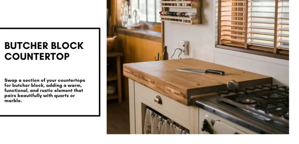 Upgrade your kitchen with a wooden butcher block countertop, perfectly blending rustic elements and modern farmhouse style. Complete the look with a sleek knife set, contemporary stove, and chic window blinds for a harmonious combination of styles.