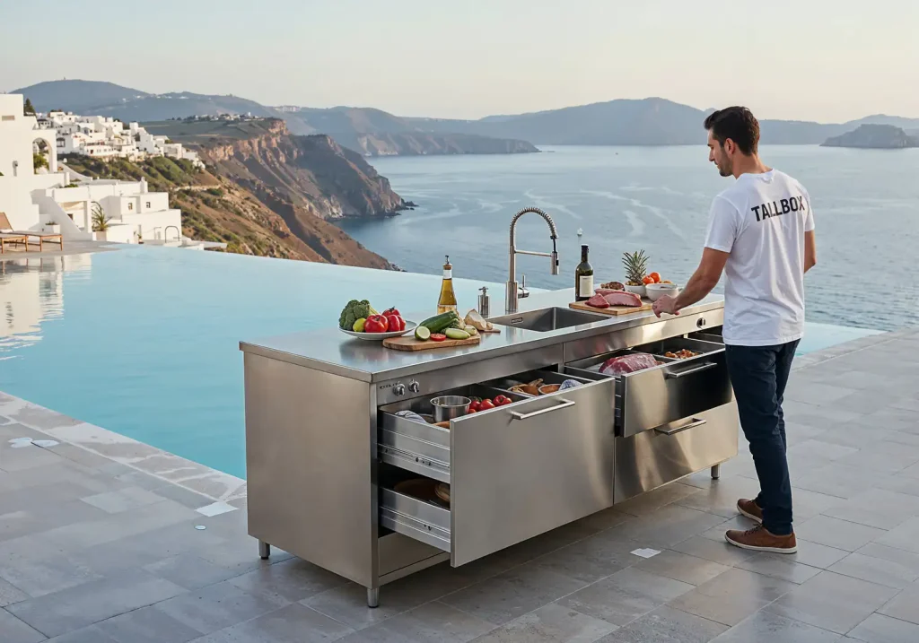 A man is cooking in a beautifully crafted outdoor kitchen, perfectly planned by the infinity pool, overlooking a stunning coastal landscape.
