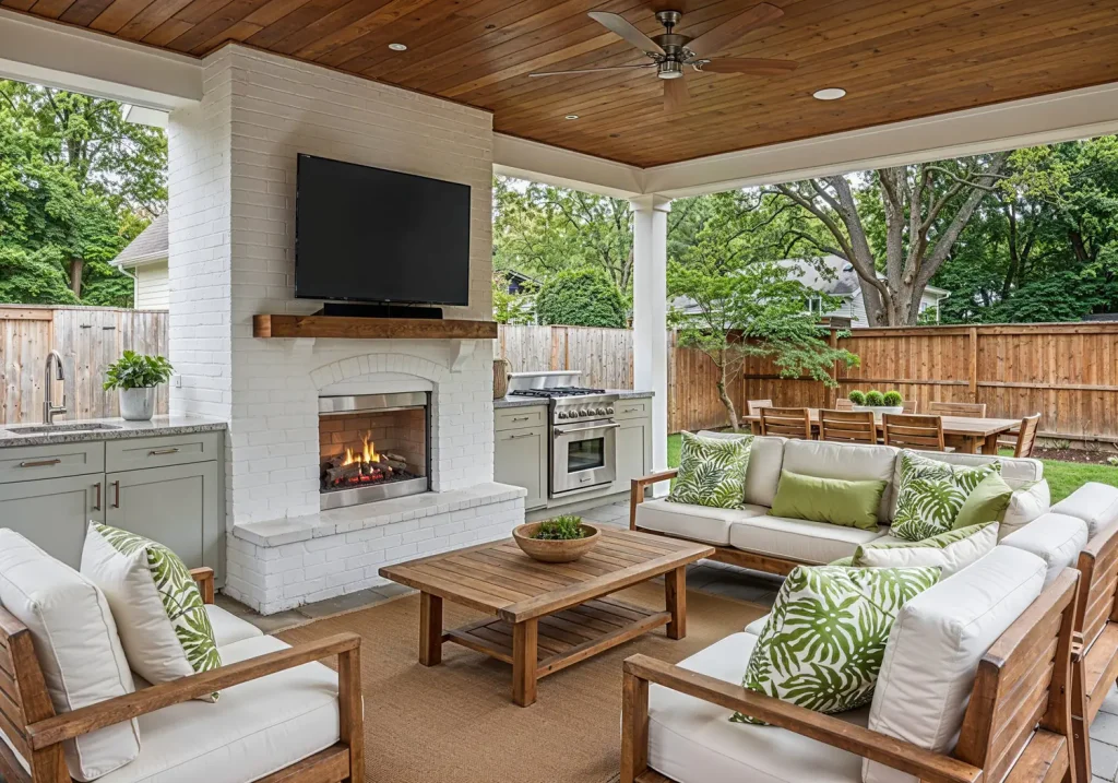 Outdoor patio featuring a cozy design with sofas, a wooden table, fireplace, TV, and grill. An ideal outdoor kitchen space surrounded by lush greenery and enclosed by a charming wooden fence.