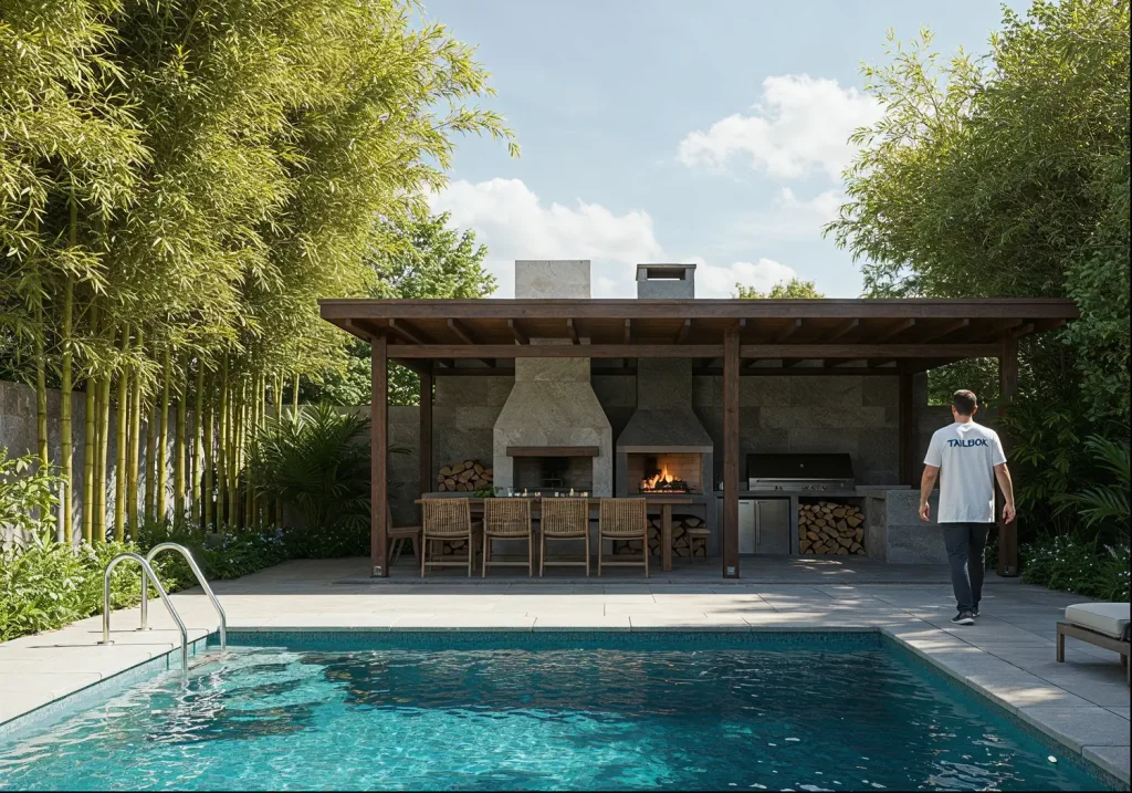 A man stands by the pool, admiring the expertly designed outdoor kitchen with a grill and fireplace nestled under a wooden pergola, surrounded by lush greenery.