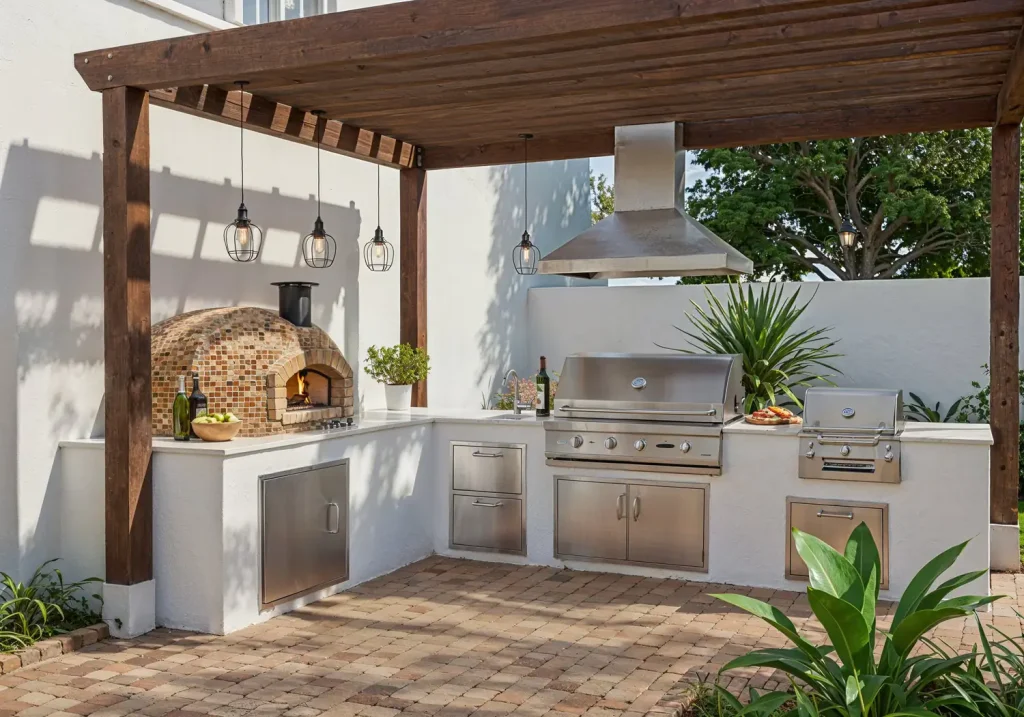 An expertly designed outdoor kitchen with a pergola showcases a brick pizza oven, stainless steel grill, and lush greenery.
