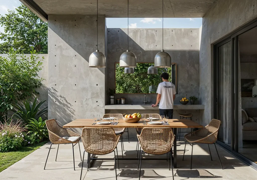 Outdoor dining area with a wooden table, wicker chairs, and pendant lights sets the stage for this charming outdoor kitchen. A person stands at a sink nearby, seamlessly blending into the lush greenery outside.