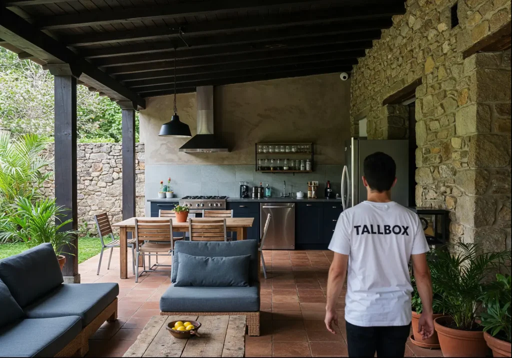 Man in a "TALLBOX" shirt stands in a beautifully designed outdoor kitchen, surrounded by rustic stone walls and wooden furniture.
