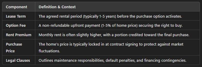 Table detailing lease-to-own components such as lease term, option fee, rent premium, purchase price, and legal clauses, offering insight into the rent-to-own homes process.