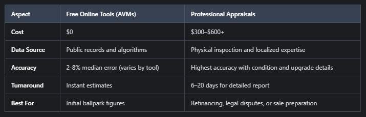 Comparison table of free online tools vs. professional appraisals for property valuation, including popular options like Home Value Estimator.