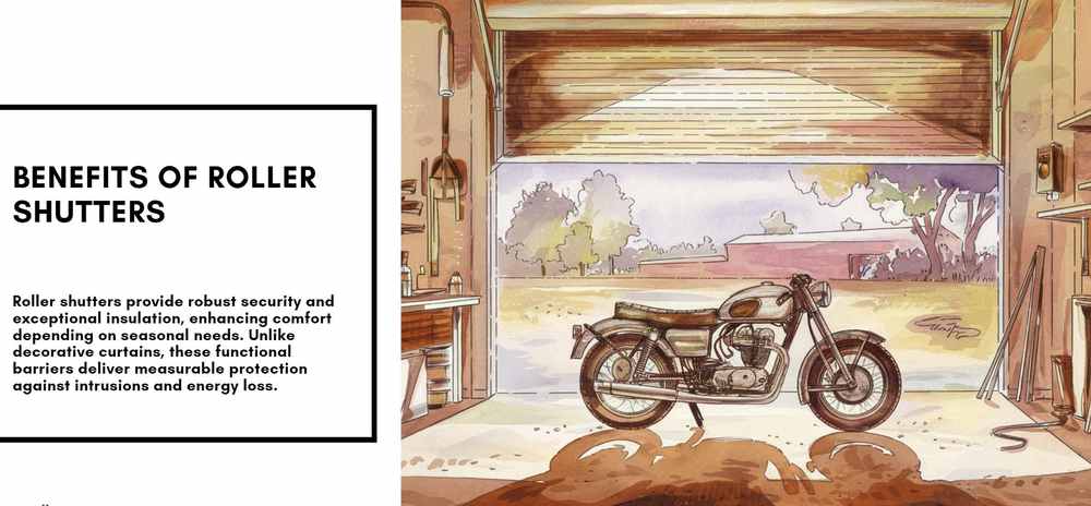 Illustration of a vintage motorcycle in a garage with the text "Benefits of Roller Shutters" on the left, highlighting an essential aspect of home security for any homeowner's guide.