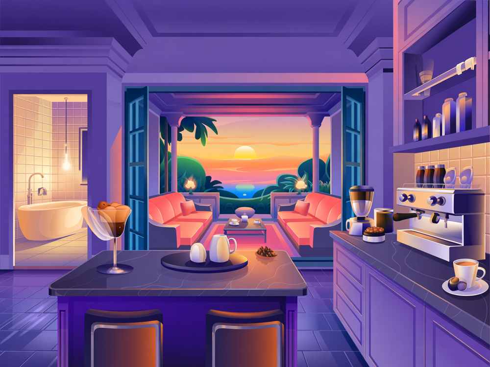 Experience luxury real estate with a stylish kitchen featuring an island, open living area, and breathtaking sunset views. The bathroom is conveniently located to the left, complementing the modern and colorful decor.