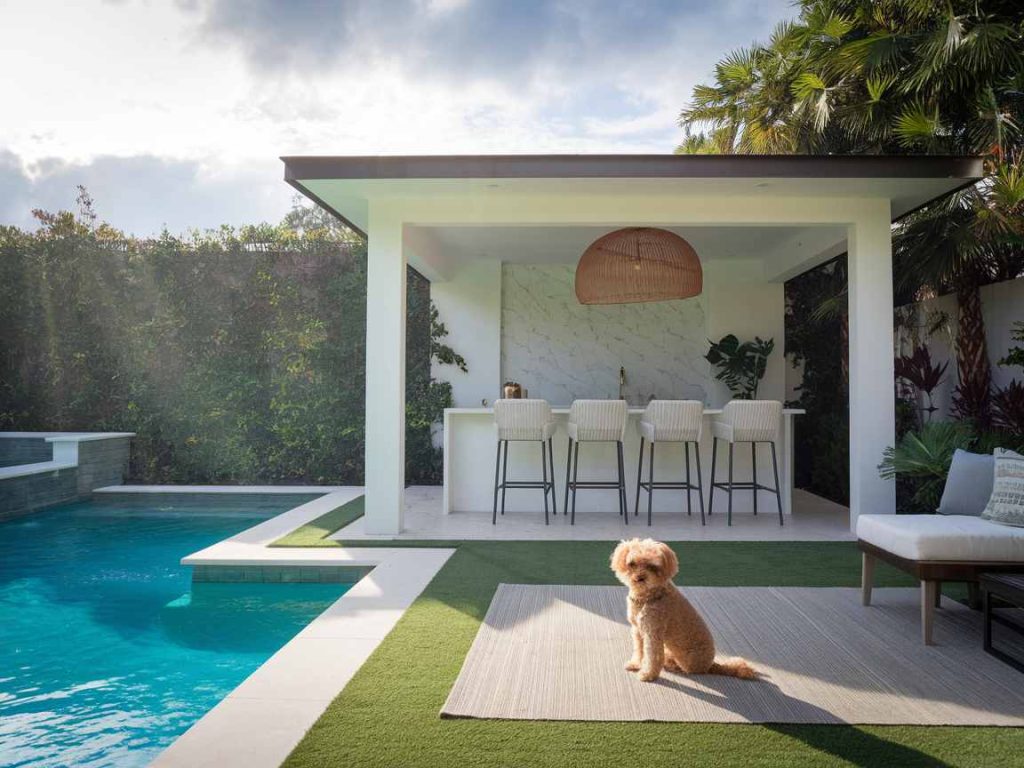 A small dog sits on a rug near a luxury pool, with a modern outdoor bar enhancing the elegant outdoor living space in the background.