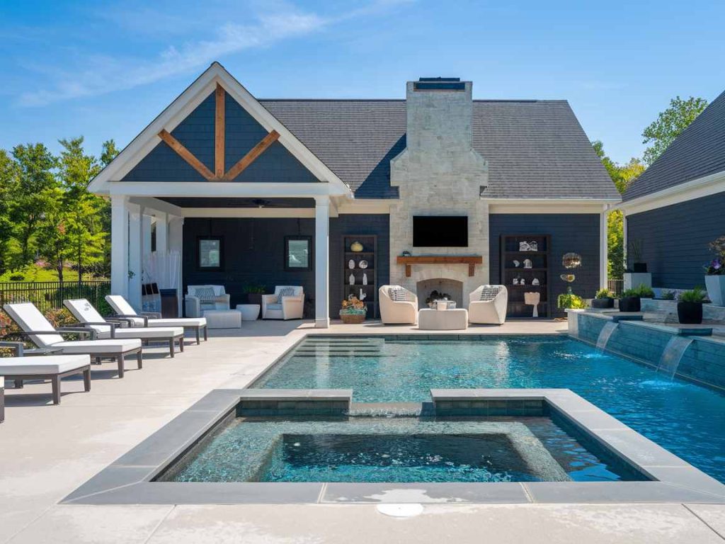 Elevate your outdoor living space with a luxury backyard featuring a stunning swimming pool, hot tub, and modern patio furniture, all beautifully surrounded by lush green trees.