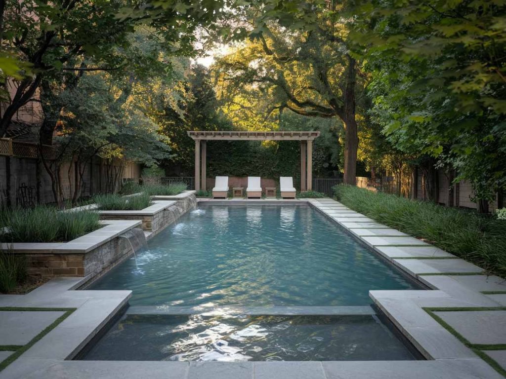 Experience the ultimate outdoor living space with a luxury pool, featuring two lounge chairs under a charming pergola. Surrounded by lush greenery and elegant stone tiles, this serene oasis offers endless inspiration for your luxury pool ideas.