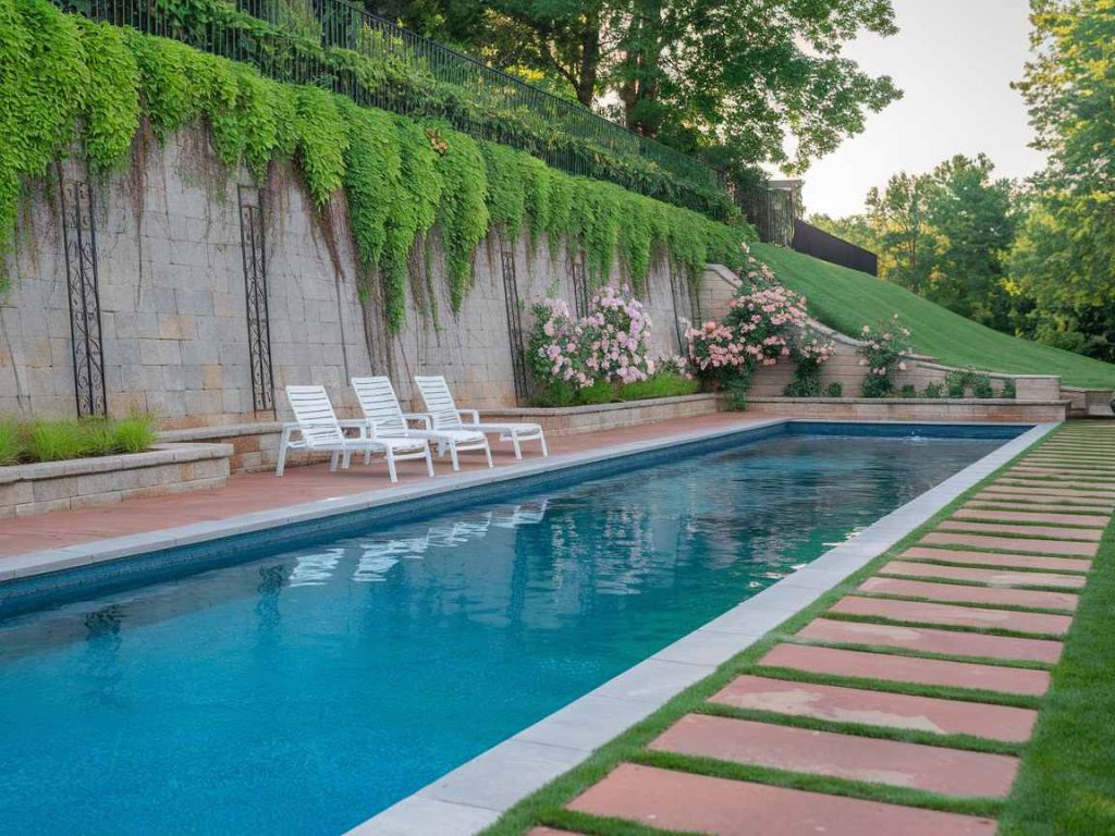 A serene pool with white lounge chairs, bordered by a vine-covered wall and lush greenery, elevates your outdoor living space into a sanctuary of tranquility.