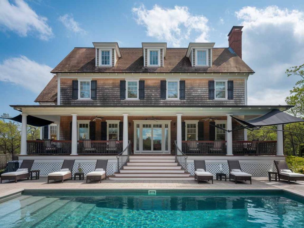 A spacious two-story house featuring an inviting porch and an elevated outdoor living space with a luxury pool, complemented by lounge chairs and a chic umbrella. Surrounded by a backdrop of blue sky and lush trees, it offers the perfect retreat.