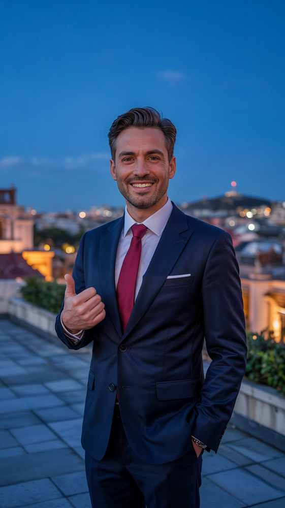 A man in a suit gives a thumbs-up on a rooftop at dusk, with the cityscape in the background, as he celebrates mastering the Home Value Estimator.