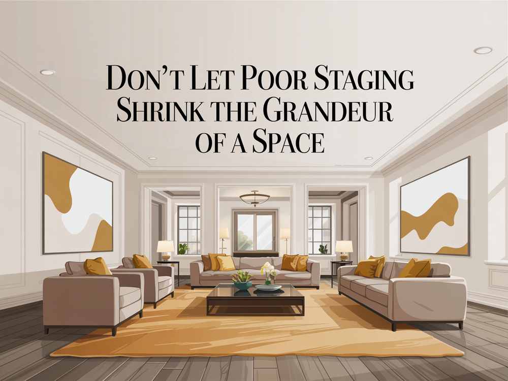 Elegant living room with beige sofas and abstract art; text reads, "Don't Let Poor Staging Shrink the Grandeur of a Luxury Real Estate Space.