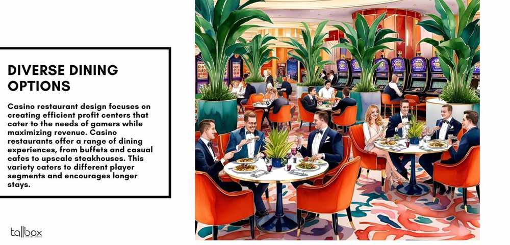 Luxurious casino dining experience with guests enjoying gourmet meals amid a vibrant setting, surrounded by slot machines and lush plants, offering an elegant yet thrilling atmosphere.