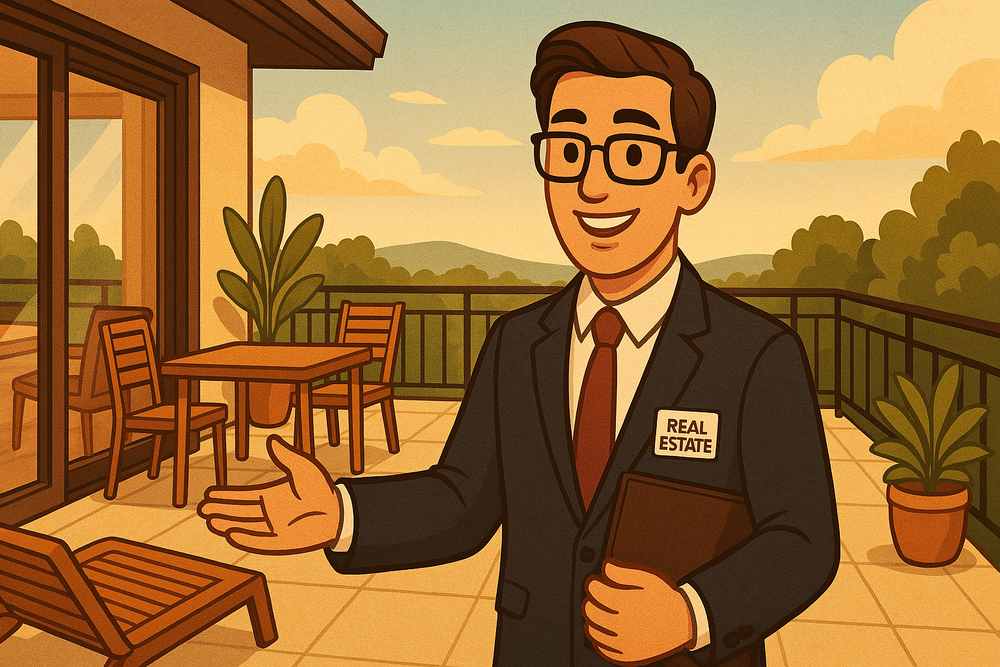 Illustration of a real estate agent in a suit showcasing a balcony with outdoor furniture and potted plants, blending modern design with nature—an elegant setting that enhances home value for any prospective buyer.