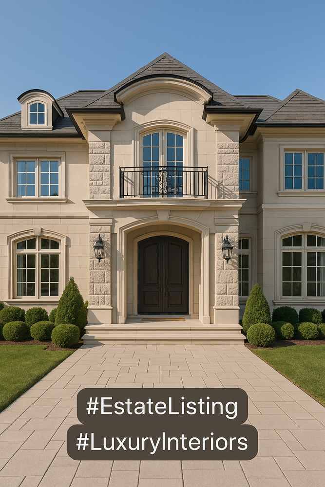 Elegant luxury real estate featuring an arched doorway, expansive windows, and manicured shrubs; a true masterpiece in #EstateListing aesthetics. Perfectly staged to capture even the most discerning buyer’s heart. #LuxuryInteriors.