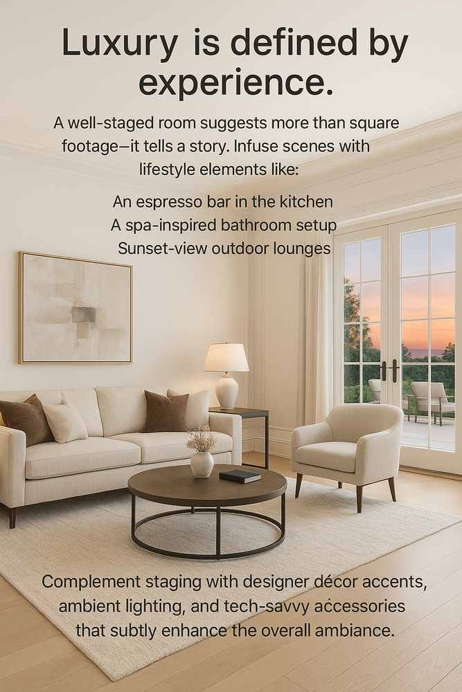 Elegant living room with neutral tones and large windows that showcase a sunset, epitomizing luxury real estate design. Modern furniture complements the space perfectly, offering staging tips for those aspiring to elevate their real estate listings effortlessly.