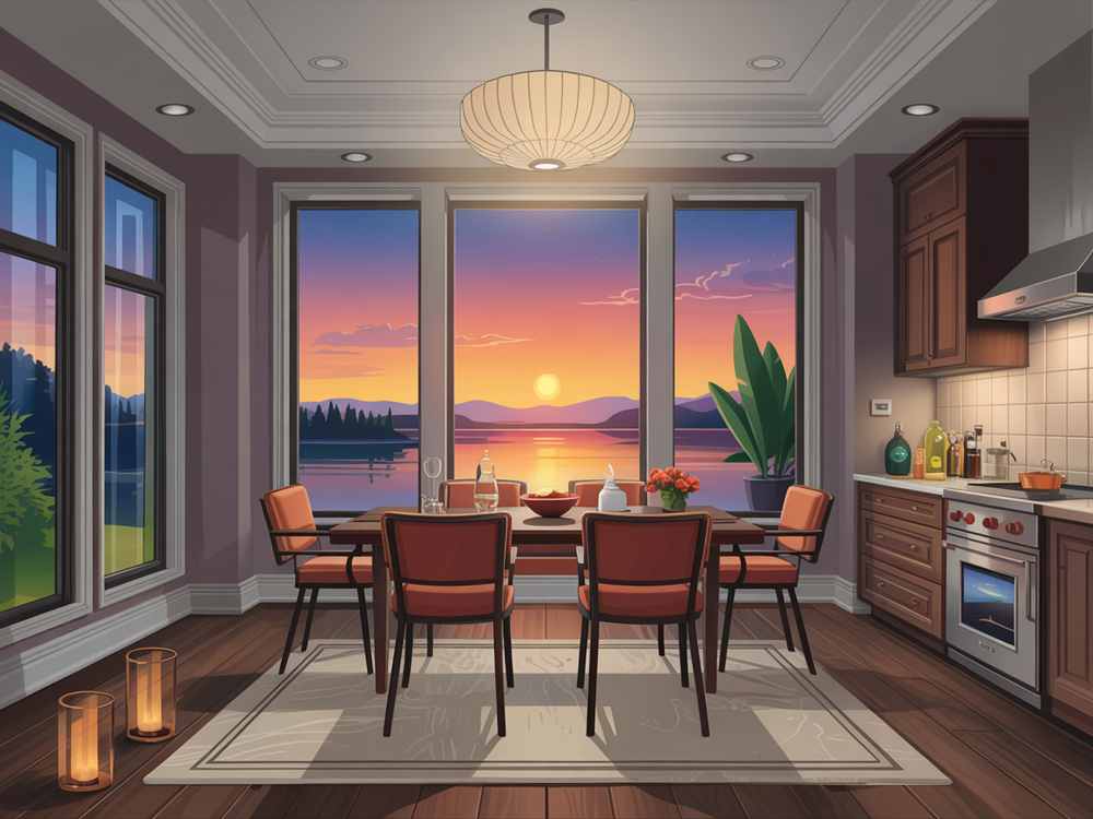 This luxury real estate gem features a dining room with a wooden table and chairs, and large windows that offer breathtaking views of the sunset over a serene lake and majestic mountains. Ideal for real estate listings, this space captures elegance in every detail.