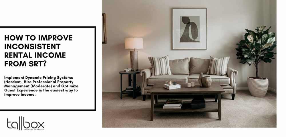 The living room, with a beige sofa and pillows, wooden coffee table, artwork, lamp, and a large plant, presents ideal opportunities for home buying enthusiasts to enhance rental income.