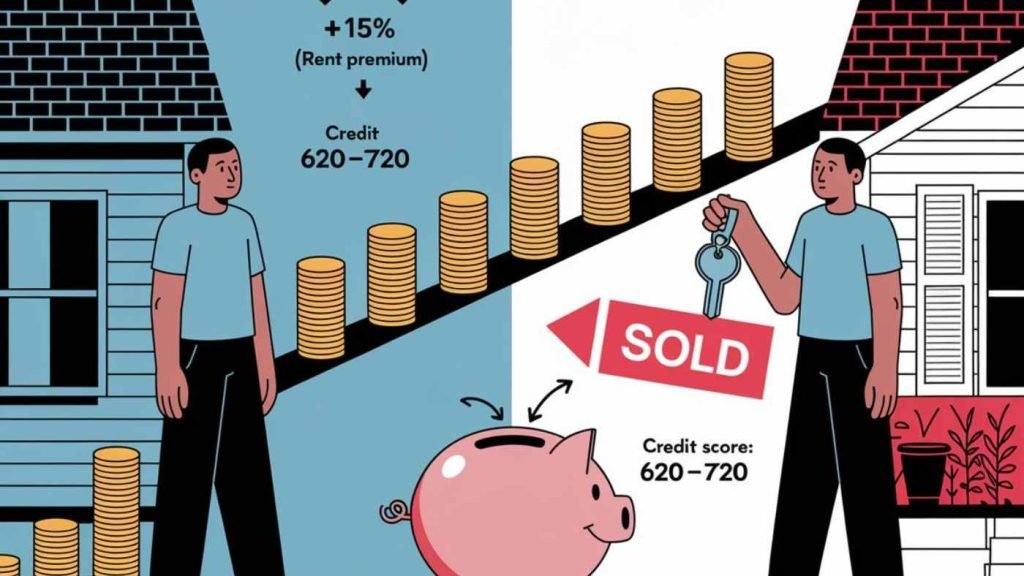 Illustration of two men, a house, coins, a piggy bank, and a "SOLD" sign with credit scores and rent premium info, highlighting the potential benefits of rent-to-own homes.