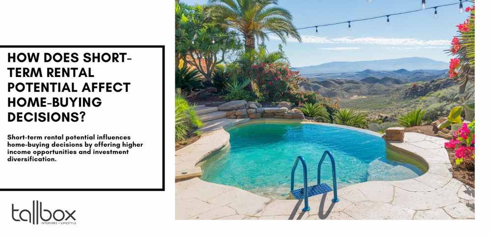 A pool with mountain views and palm trees sets the scene for a discussion on how short-term rentals are influencing real estate investment and home-buying decisions.