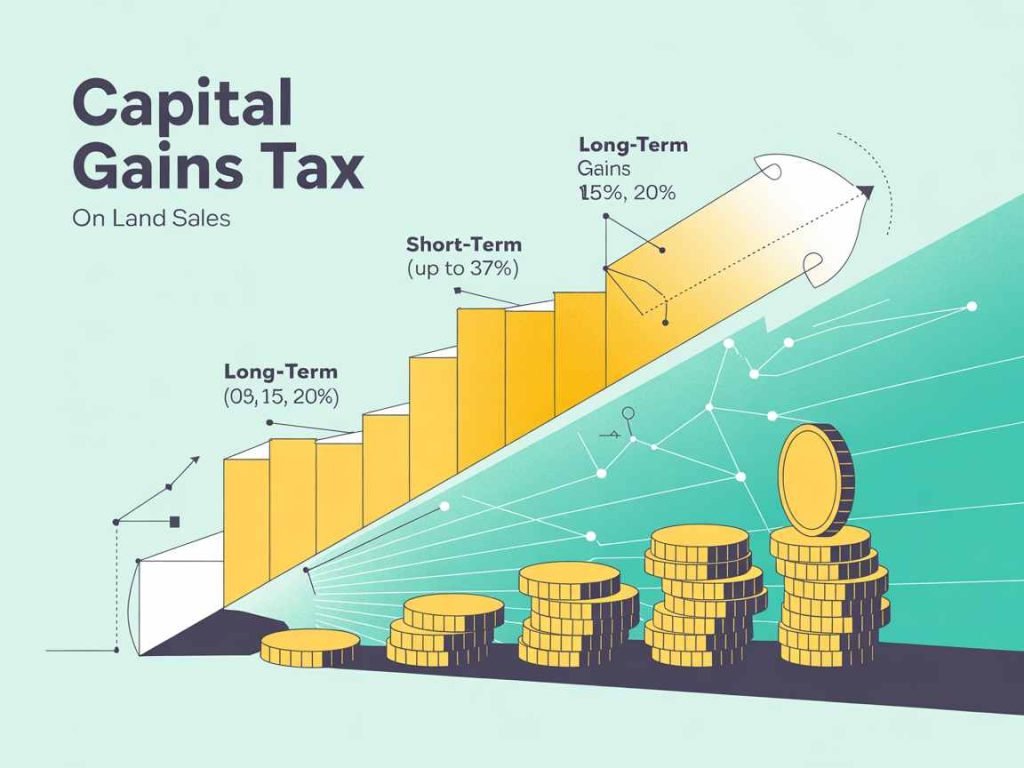 Illustration of the implications of capital gains tax rates on selling land, featuring coin stacks and a graph arrow.