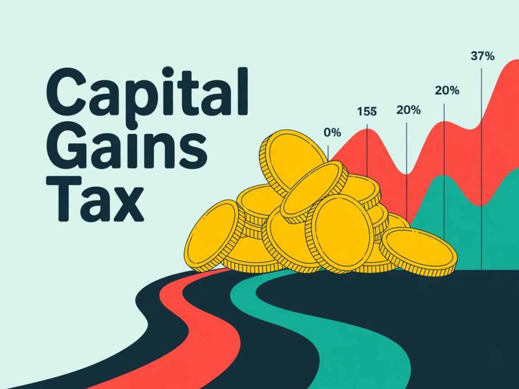 Illustration of capital gains tax with stacked coins and a colorful graph showcasing tax implications and percentages related to selling land.