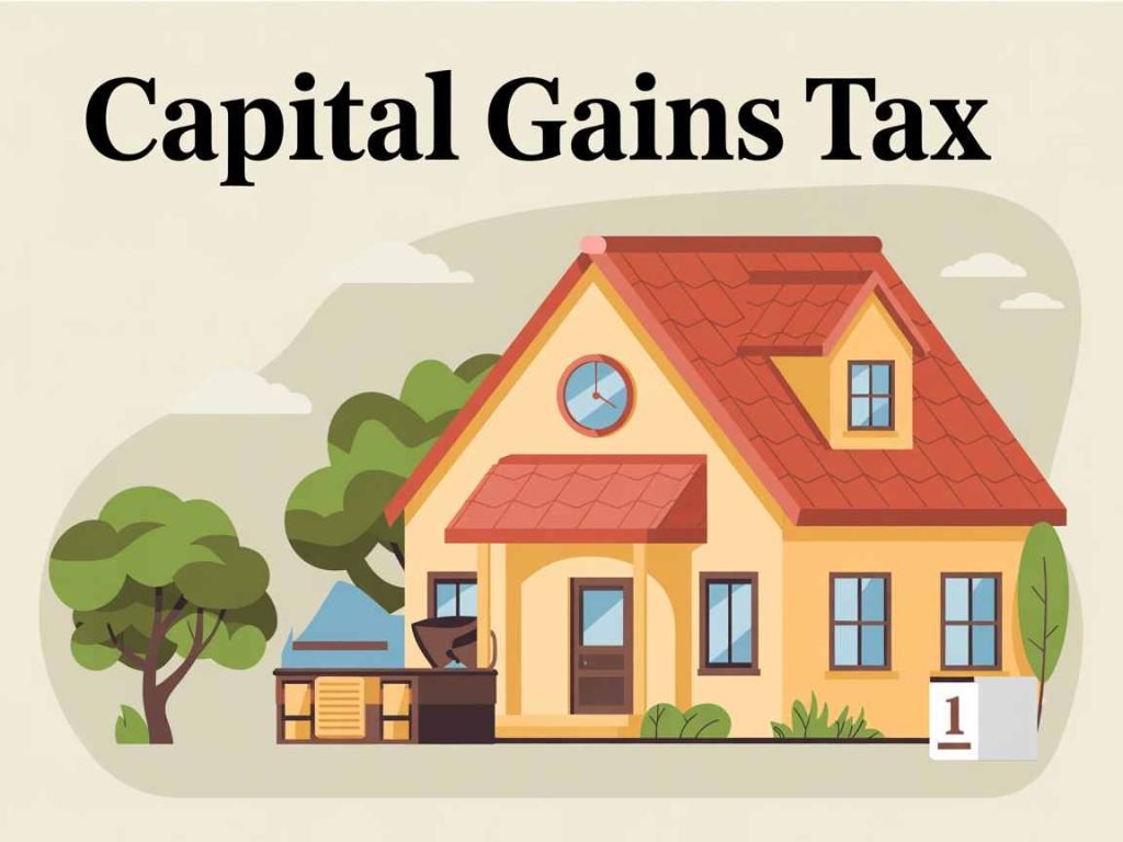 Illustration of a house with trees, accompanied by the text "Capital Gains Tax" at the top. Discover effective tax strategies to navigate potential implications when selling land, ensuring you maximize your investment returns.