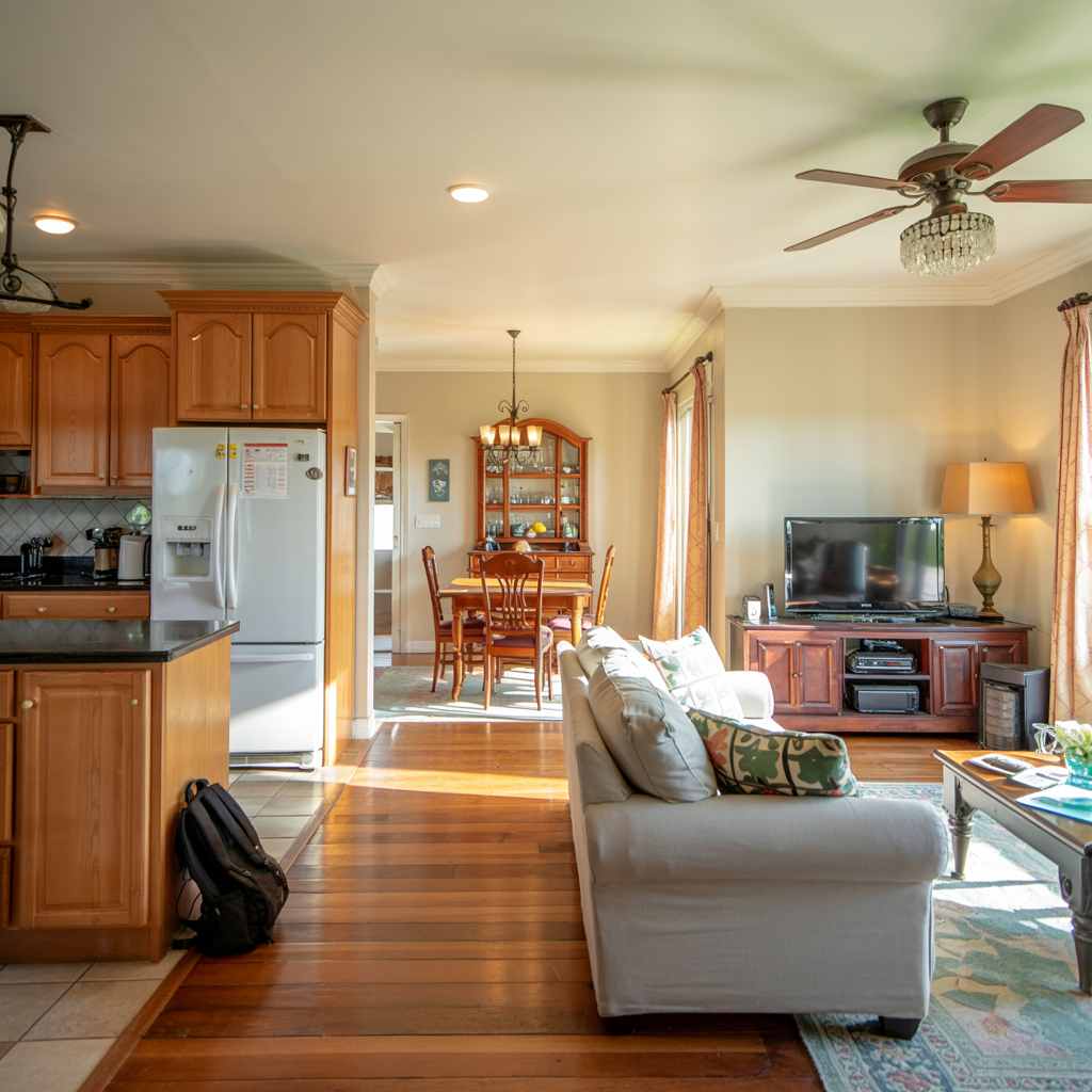 Bright living room with a white sofa, TV, wooden dining table, and kitchen area in the background—perfect for real estate listings showcasing stylish property design.