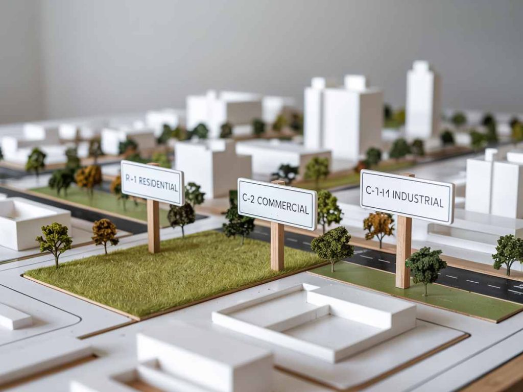 Explore this architectural model, a comprehensive guide to urban planning, featuring zones labeled R-1 Residential, C-2 Commercial, and C-1-1 Industrial. Lush trees and intricate roads weave through the landscape, offering a dynamic vision for future developments in the USA.