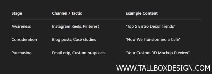 A marketing funnel table for interior design firms showing stages, channels, and sample content as part of a comprehensive marketing plan for awareness, consideration, and purchasing.