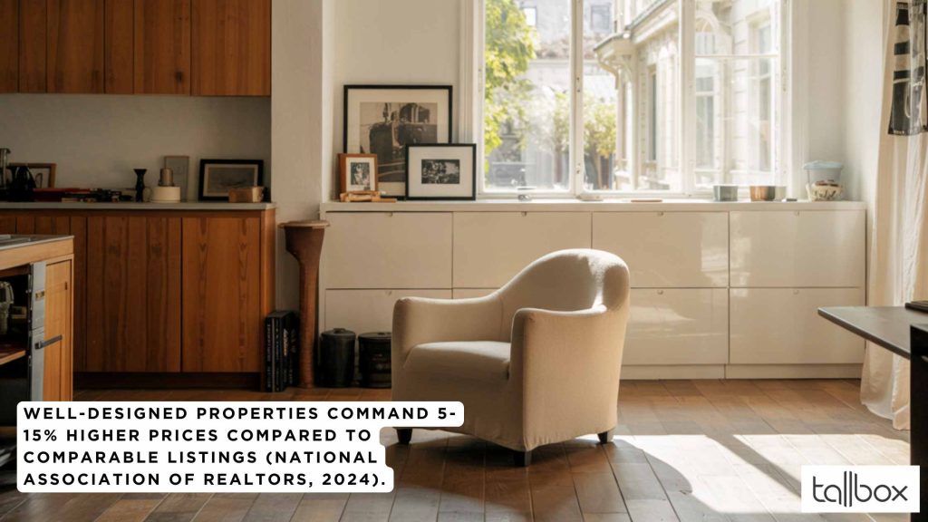 Cozy living room with armchair, sunlight, and wooden decor; quote about hidden property design elements and well-designed property prices overlayed.