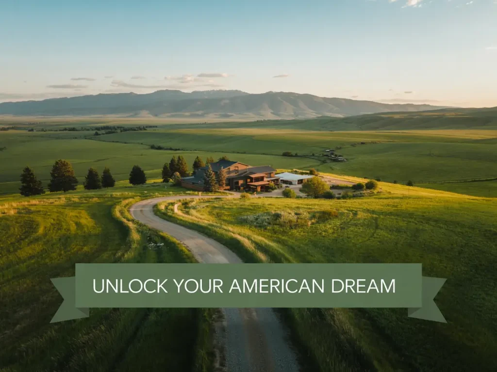A curving road leads to a house in a vast green landscape with mountains in the background, captioned "Unlock your American dream." Explore the USA's breathtaking vistas and unlock opportunities with our comprehensive guide.