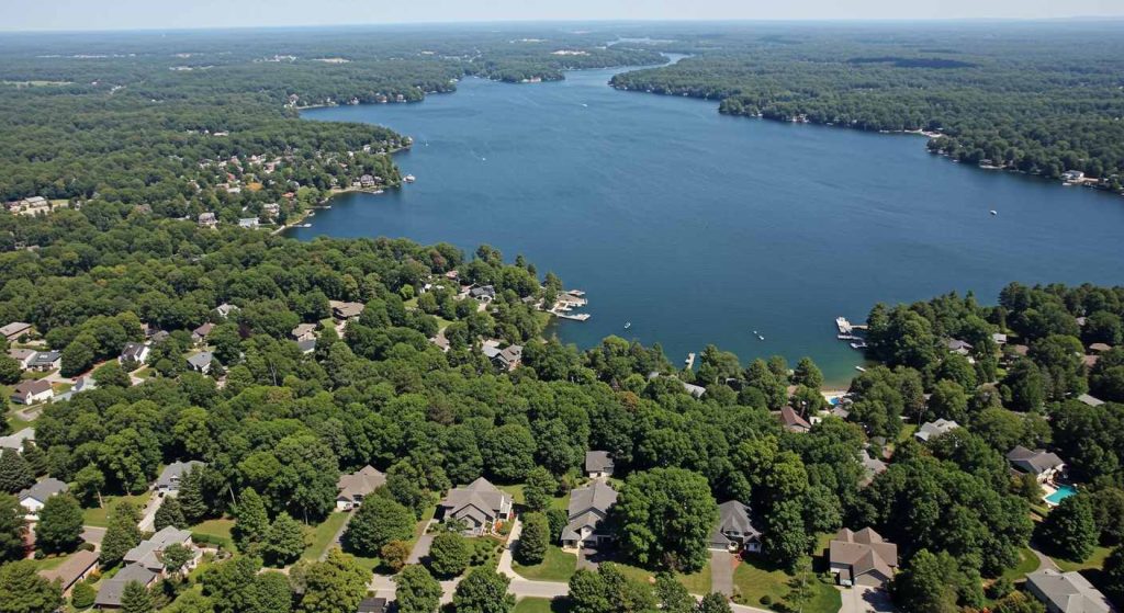 Aerial view of Clear Lake, Iowa, showcasing its shimmering waters surrounded by lush wooded areas and charming residential homes on a sunny day—perfect for exploring Clear Lake attractions and experiencing the local lifestyle.
