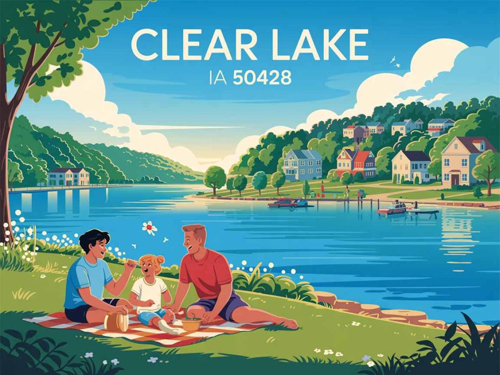 Illustration of a family having a picnic by Clear Lake, Iowa, surrounded by trees and houses, with clear skies and boats gently gliding across the water.